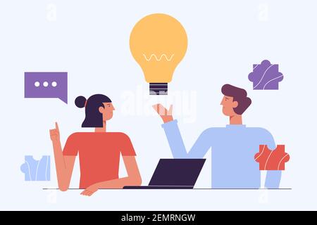 Brainstorm Concept. Creative People. Have Idea Working Together with Laptop .Successful Team in Coworking Space Developing Project. Partnership Stock Vector