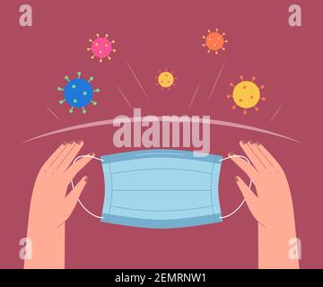 Medical mask to protect people from viruses and coronavirus. Self-protection against COVID-19, including wearing face masks. Stock Vector