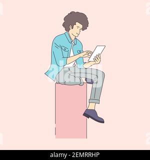 Concept illustration of online courses, distance studying, self education, digital library. E-learning banner. Online education. Vector illustration i Stock Vector