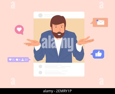 Guy browse social networks. Man making post and sharing happy moments with his followers. Social media influence and addiction. Vector illustration Stock Vector