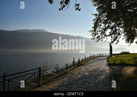 Autumn sunrise landscape at Lake Pamvotis in Ioannina, Epirus Greece. Stock Photo