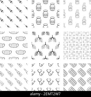 Medical set of seamless patterns from handdrawn doodle elements. Stock Vector