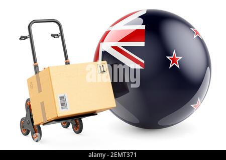 Parcel on the hand truck with New Zealand flag. Shipping in New Zealand, concept. 3D rendering isolated on white background Stock Photo