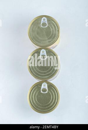 Top view of closed tin can on white background Stock Photo