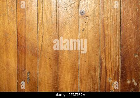 Old varnished boards with traces of use. Vertical parquet boards Stock Photo