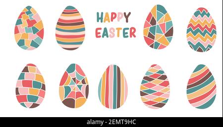 Easter colorful eggs set with different decor on white background Stock Vector