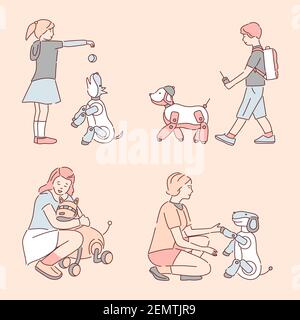 People walking and playing with mechanical pets vector cartoon outline illustration. Happy smiling children and women spending time with robotic dogs. Modern robot technology concept. Stock Vector