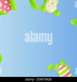 Square spring, Easter background with copy space. Eggs decorated flowers and leaves bordered on edges on blue background. Can be used for seasonal Stock Vector