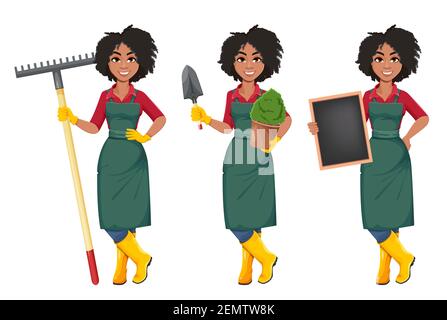 Stock vector young African American gardener woman, set of three poses. Beautiful lady farmer cartoon character Stock Vector