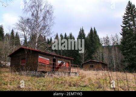 The abandoned child or scout camp site in the middle of the woods in Czech Republic. Unused for long time. Stock Photo
