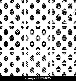 Easter set of seamless patterns from handdrawn doodle eggs. Stock Vector