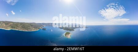 Aerial panoramic view of Host Island in Adriatic sea near town port of Vis Island in Croatia summer Stock Photo