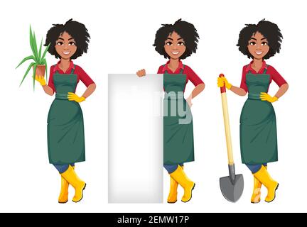 Stock vector young African American gardener woman, set of three poses. Beautiful lady farmer cartoon character on white background Stock Vector