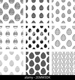 Easter set of seamless patterns from hand drawn doodle eggs. Stock Vector