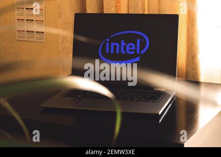 Kharkov, Ukraine - February 23, 2021: Intel logo on laptop screen. High quality photo Stock Photo