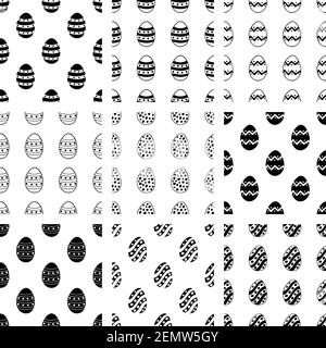 Easter set of seamless patterns from hand drawn doodle eggs. Stock Vector