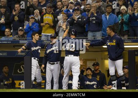 August 24, 2018: Milwaukee Brewers third baseman Mike Moustakas #18 during  the Major League Baseball game between the Milwaukee Brewers and the  Pittsburgh Pirates at Miller Park in Milwaukee, WI. John Fisher/CSM