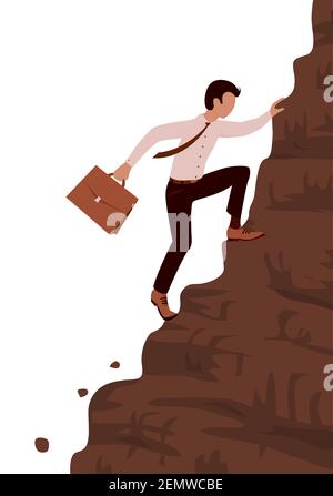 A young brave business man climbs a steep mountain. Case in hand. Career and effort concept. Vector cartoon illustration poster with white background Stock Vector