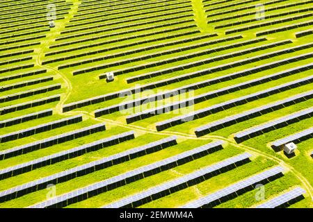 Solar panel from above. Aerial drone photo looking down on rows of blue solar panels in a renewable energy farm Stock Photo