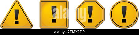 Warning signs set. Hazard attention sign with exclamation mark in different shapes in yellow. Realistic vector Stock Vector