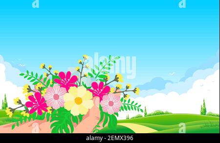 Hand with wildflowers on springtime landscape background. Blue sky with clouds, green meadow and yellow road. Vector for greeting card Stock Vector