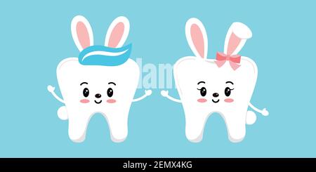 Easter bunny rabbit teeth dental icon set isolated. Stock Vector