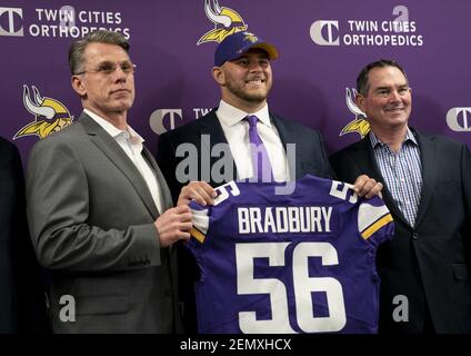 Minnesota Vikings first round draft pick, center Garrett Bradbury,  addresses the media after rookie minicamp workouts at the NFL football  team's complex Friday, May 3, 2019, in Eagan, Minn.Bradbury played for North