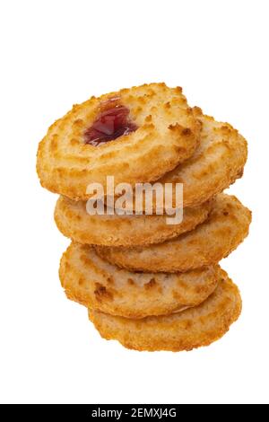 Coconut macaroons with a strawberry sauce filling - white background Stock Photo