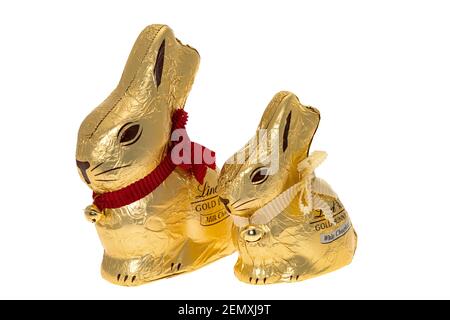 Two Lindt Gold Easter Bunnies with their golden bells on a white background.  One is milk chocolate and the other is white chocolate. Stock Photo
