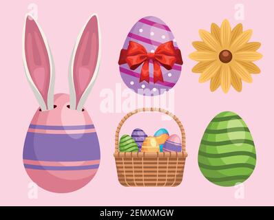 bundle of five happy easter set icons vector illustration design Stock Vector
