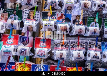 Naples, Italy - September 9, 2019: Toilet paper with famous faces and football teams in a souvenir shop in the old town of Naples, Italy Stock Photo