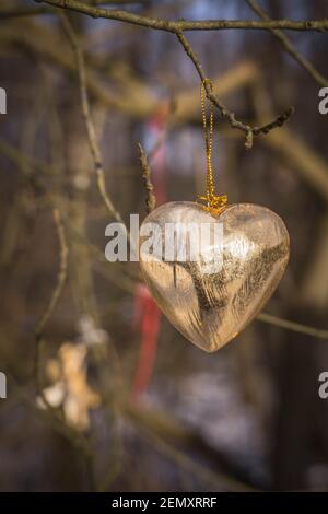 Wedding heart golden lock on stainless iron fence valentines day symbol