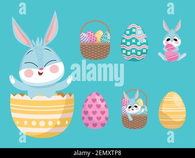 rabbit in egg painted with bundle of six happy easter set icons vector illustration design Stock Vector