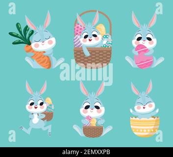 bundle of six happy easter set icons vector illustration design Stock Vector