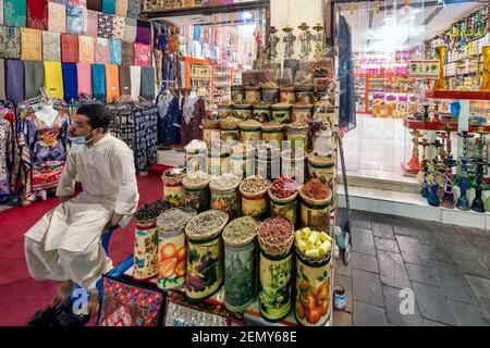Variety of colorful Arabic spices and herbs on the arab street market stall. Dubai Grand Spice Souk, United Arab Emirates. 25-December-2020. Stock Photo