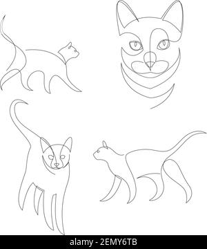 Continuous line drawing set of cat animal. Minimalist style vector illustration collection Stock Vector