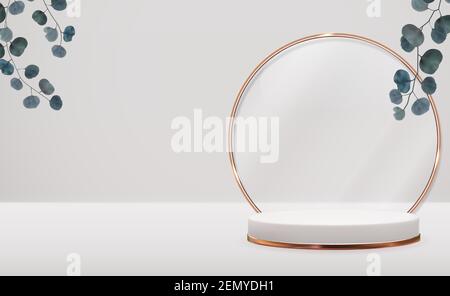 Realistic 3d pedestal with golden ring, eucalyptus leaves over pastel natural background. Trendy empty podium display for cosmetic product presentatio Stock Vector