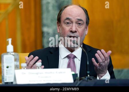 Large Profitable Corporations. 25th Feb, 2021. American Action Forum President Douglas Holtz-Eakin speaks during a Senate Budget Committee hearing on Capitol Hill in Washington, Thursday, Feb. 25, 2021, examining wages at large profitable corporations.Credit: Susan Walsh /Pool via CNP | usage worldwide Credit: dpa/Alamy Live News Stock Photo
