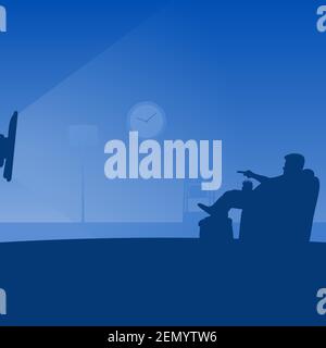 man on sofa holding remote control in front of flat television at his living room Stock Vector