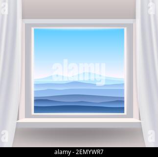 Open window interior home with a minimal landscape view nature. Country mountains landscape from view the window of fields panorama. Vector Stock Vector