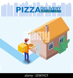 Pizza Delivery Service Isometric concept. Courier with pizza box shipping to home. Fast 24 7 shipping, online food order template banner. Vector Stock Vector