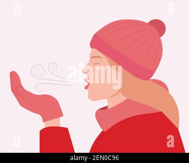 Woman breathe out steam in winter. The girl blows cold air with gloves scarf and hat vector illustration. Girl in her winter clothesblows cold weather Stock Vector