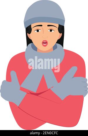 The woman is cold with hat and scarf vector illustration. Girl get sick sneezing from flu. Healthcare and winter concept. Freezing woman at winter Stock Vector