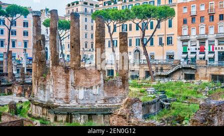 Rome, Italy - June 18, 2014. In the central city, the ancient archaeological complex known as the Sacred Area of Largo di Torre Argentina, Temple B.