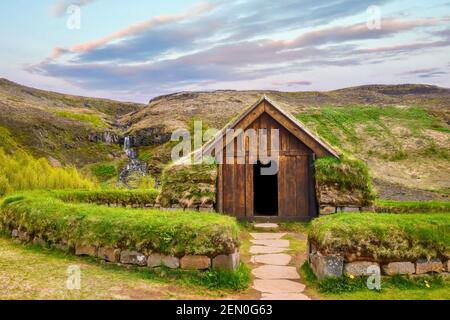 A replica of a small outbuilding at Stong Commonwealth Farm in Thjodveldisbaer, South Iceland, a reconstruction of a medieval Viking farmstead. Stock Photo