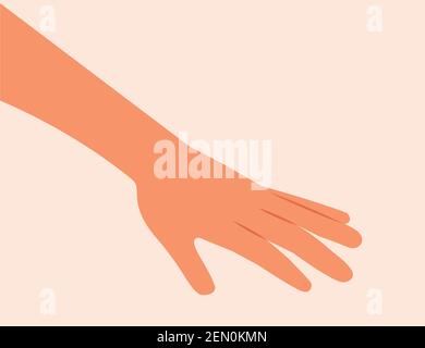 Manicured one hand Vector flat illustration isolated on white background. Woman's hand stretching palm up. Male or Female hand cosmetic care. Stock Vector