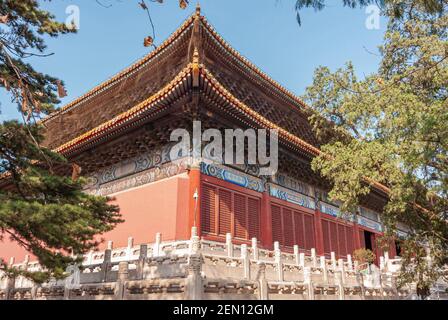 Beijing, China - April 28, 2010: Ming Tombs Changling. View on corner of Great Hall in typical traditional Chinese architecture with sculptures and pa Stock Photo