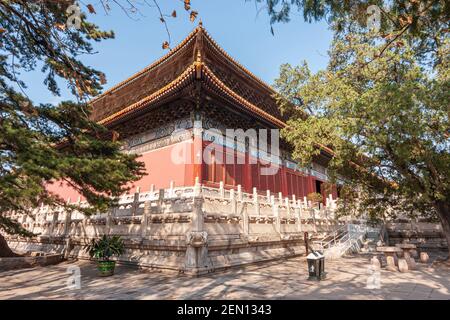 Beijing, China - April 28, 2010: Ming Tombs Changling. View on corner of Great Hall in typical traditional Chinese architecture with sculptures and pa Stock Photo