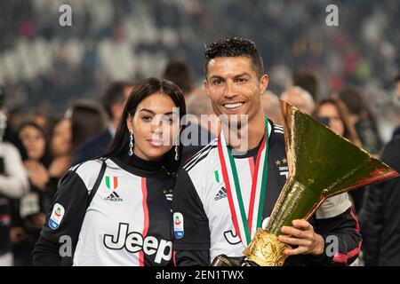 Turin, Italy. 19th May, 2019. Cristiano Ronaldo and his son Cristiano  Ronaldo Jr. during the Serie A, football match. Juventus vs Atalanta. Final  score was 1-1 at Allianz Stadium, in Turin, Italy