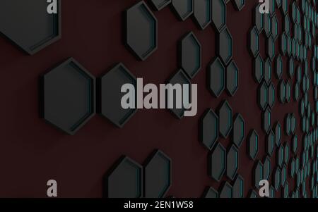 3d rendering of black hexagons with blue neon light all in a red wine background. Stock Photo